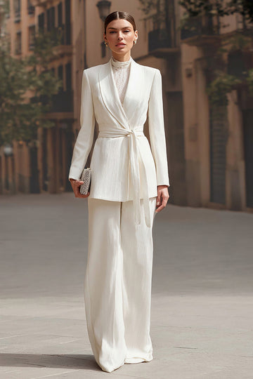 2-Piece Ivory Shawl Lapel Work Suit with Sash